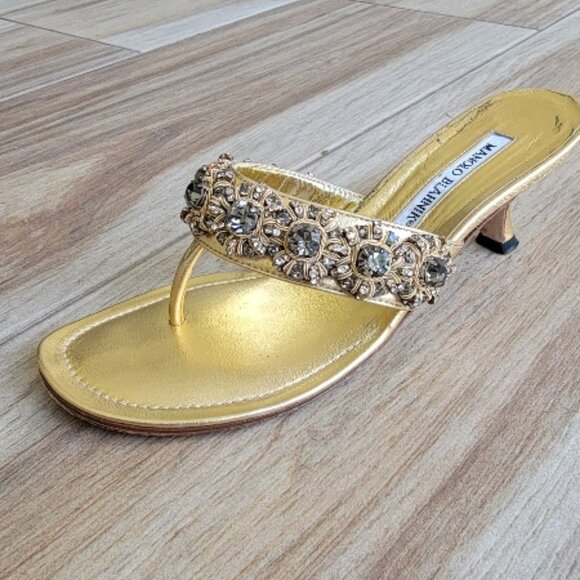 Monolo Blahnik Jeweled Gold Thong Kitten Heel Sandals...